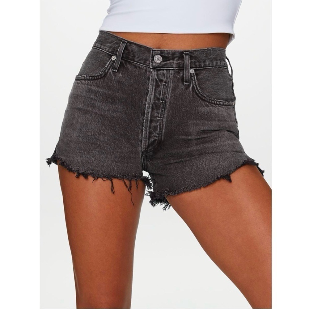 Boyish The Billy High Rise Skinny Denim Shorts Faded Black Button Fly Raw Hem